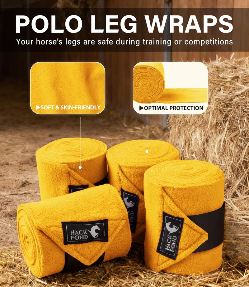 HackFond Fleece Horse Polo Leg Wraps Set of 4, 10' Horse Leg Bandages Stable Supplies Equestrian Boots Yellow - Image 3